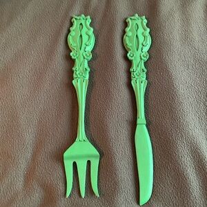 Vintage green fork and knife set. Fork approx 15 1/2”. Knife approx 16”